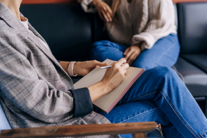 a therapist takes notes in notebook while sitting and listening to her patient in a prescription drug addiction rehab program 